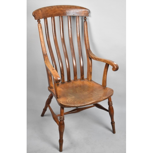 464 - A Vintage Kitchen Armchair with Shaped Slatted Back, Scrolled Arms, Raised on Turned Supports with S... 