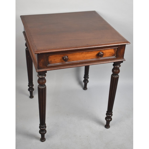 477 - A Modern Mahogany Square Topped Table with Single Drawer and Turned Reeded Supports, 61cm wide