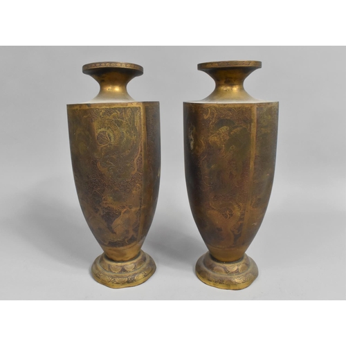 53 - A Pair of Oriental Hexagonal Brass Vases with Engraved Decoration Depicting Dragons, Temples Etc, On... 