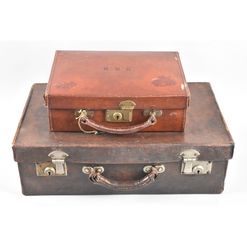 64 - Two Vintage Leather Cases, Smaller Monogrammed BMM has Key, 30cms Wide