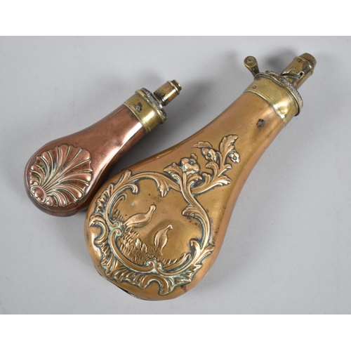 67 - Two 19th Century Shot and Powder Flasks in Brass and Copper, Larger 20cms High