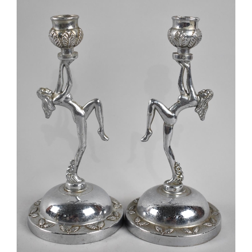 93 - A Pair of Mid 20th Century Chromed Figural Candlesticks with Art Deco Influence, 21cms High