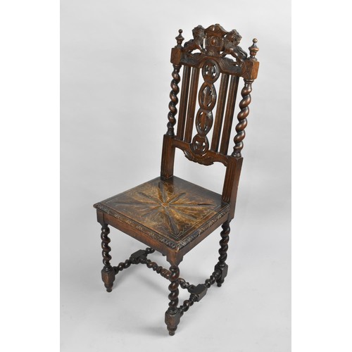 102 - A Late Victorian Gothic Revival Oak Hall Side Chair with Barley Twist Supports, Pierced Splat and Ca... 