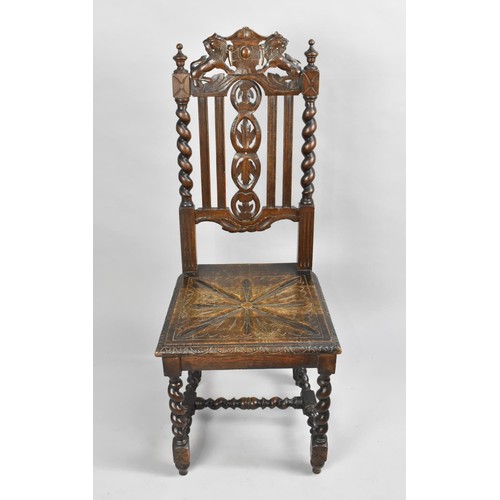 102 - A Late Victorian Gothic Revival Oak Hall Side Chair with Barley Twist Supports, Pierced Splat and Ca... 