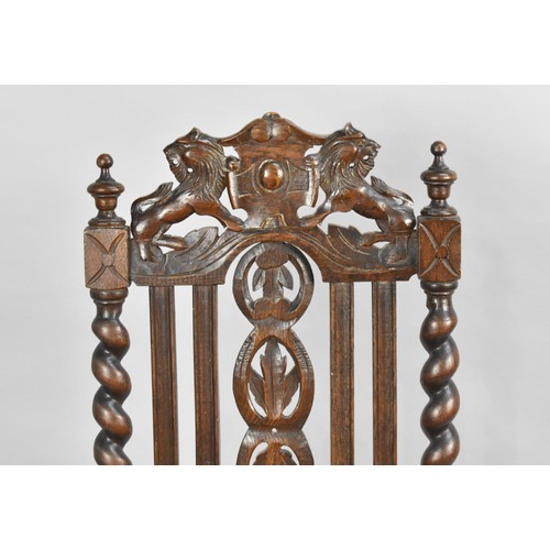 102 - A Late Victorian Gothic Revival Oak Hall Side Chair with Barley Twist Supports, Pierced Splat and Ca... 