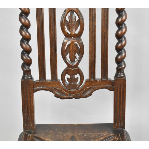 102 - A Late Victorian Gothic Revival Oak Hall Side Chair with Barley Twist Supports, Pierced Splat and Ca... 