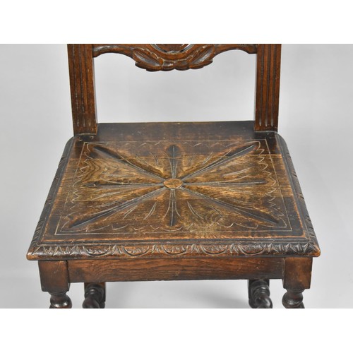 102 - A Late Victorian Gothic Revival Oak Hall Side Chair with Barley Twist Supports, Pierced Splat and Ca... 