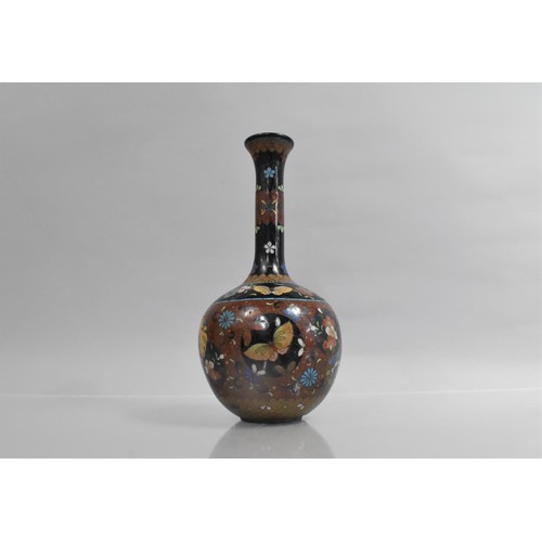 374 - A Japanese Cloisonne Vase of Bottle Form decorated with Polychrome Enamels on Black Ground, 26cms Hi... 