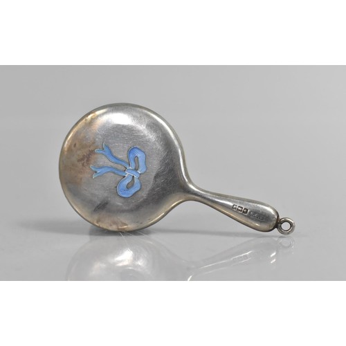 249 - A Small and Pretty Silver Miniature Chatelain Mirror with Enamel Bow Decoration, 7cms Long