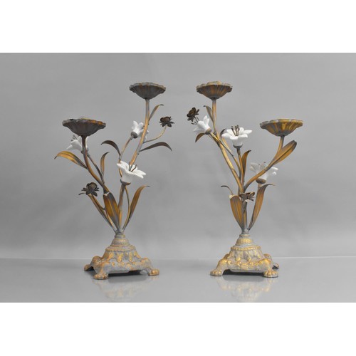 178 - A Pair of Modern Metal and Ceramics Two Branch Candlesticks in the Form of Flowers, 40cms High