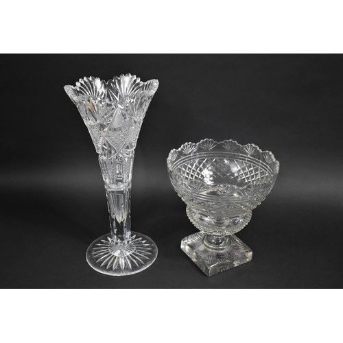 230 - A Large Late Victorian Cut Glass Trumpet Vase and a Similar Bowl on Square Plinth, 40cms High