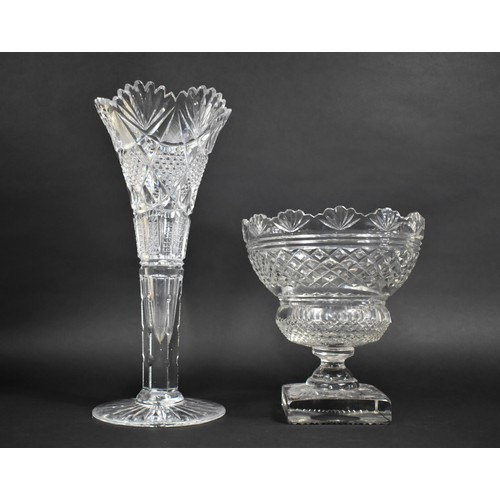 230 - A Large Late Victorian Cut Glass Trumpet Vase and a Similar Bowl on Square Plinth, 40cms High