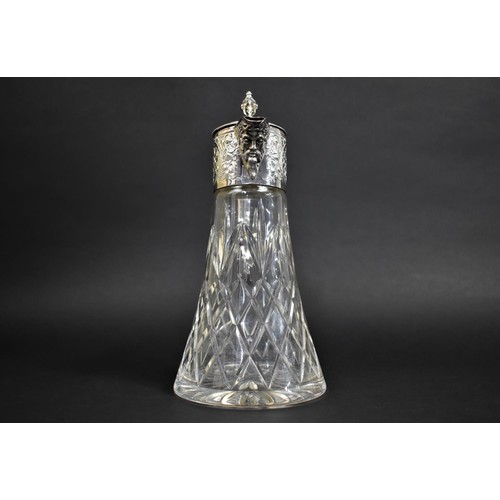 228 - A Nice Quality Cut Glass Claret Jug with Silver Plated Mask Head Mount having Hinged Lid, 28cms High