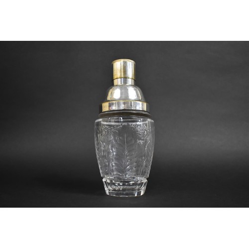 260 - An Art Deco Influenced Heavy Cut Glass Cocktail Shaker with Silver Plated Collar and Pourer. 25cms H... 