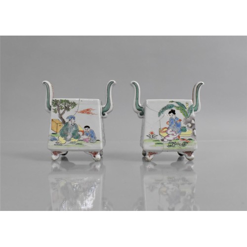 379 - A Pair of Chinese Porcelain Censers of Square Archaic Form, Decorated in the Famille Rose Palette wi... 