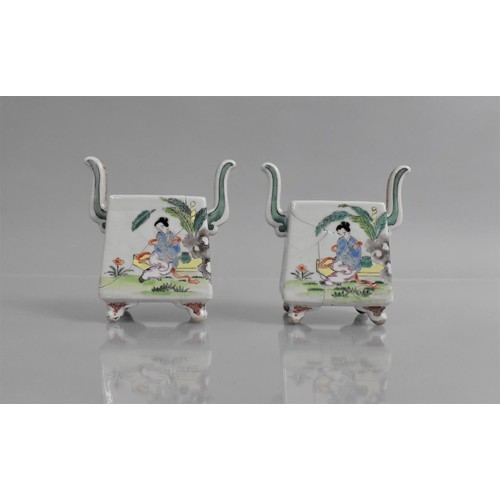 379 - A Pair of Chinese Porcelain Censers of Square Archaic Form, Decorated in the Famille Rose Palette wi... 