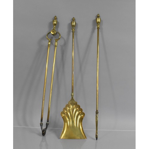 180 - A Set of Three Brass Long Handled Fire Irons, Poker 70cms Long