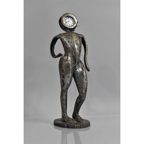 185 - A Modernist Bronze Figure with Clock as Face, Battery Movement, 45cms High