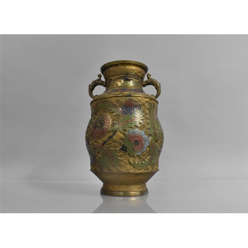 387 - An Enamelled Oriental Bronze Two Handled Vase, 24cms High