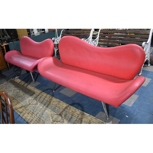 455 - A Pair of Repro Faux Leather Sofa on Chromed Turned Supports