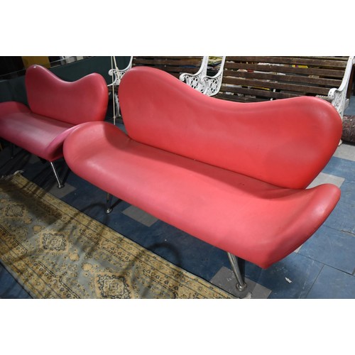 455 - A Pair of Repro Faux Leather Sofa on Chromed Turned Supports