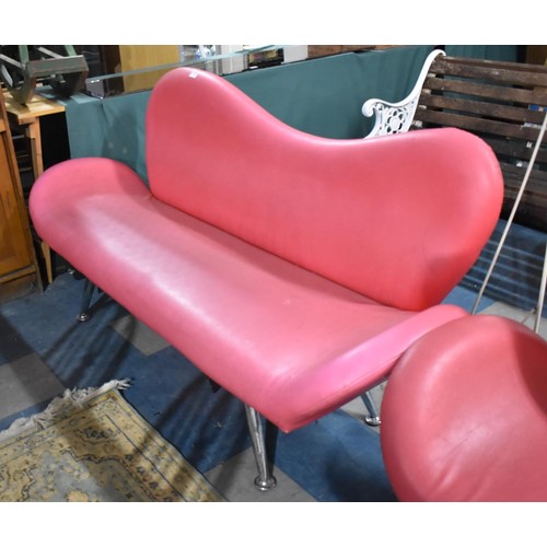 455 - A Pair of Repro Faux Leather Sofa on Chromed Turned Supports