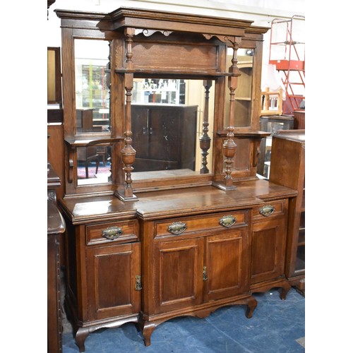 453 - A Late Victorian Mirror Back Sideboard, Cupboard Base with Centre Long and Two Short Drawers, Raised... 