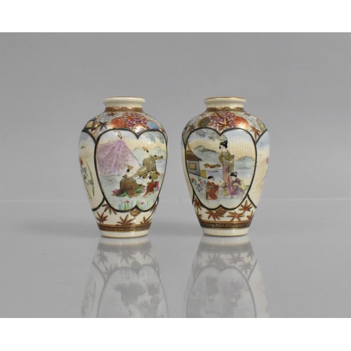 382 - A Pair of Japanese Vases of Baluster Form, Decorated with Alternating Cartouches, 9cms High