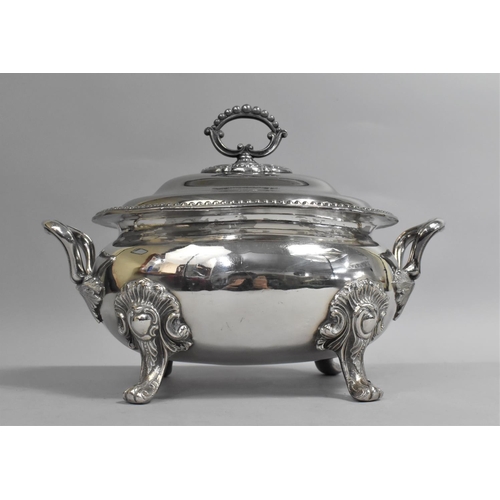 12 - A Silver Plated Two Handled Vegetable Soup Tureen with Lid and Four Scrolled Feet, 32cms Wide