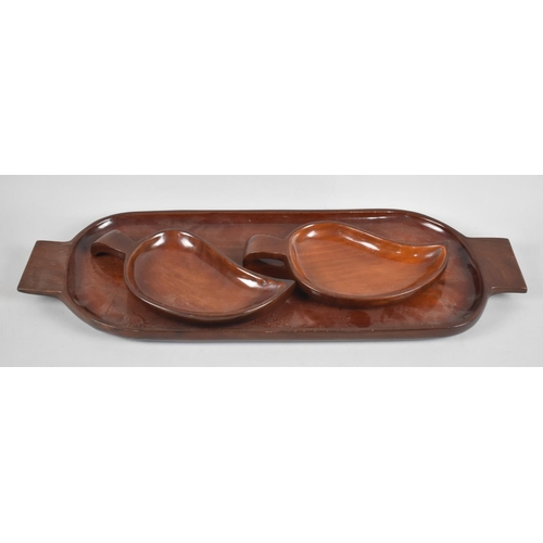 126 - A Hand Made Wooden Tray and Pair of Leaf Dishes, Made in Haiti, Tray 54cms Long