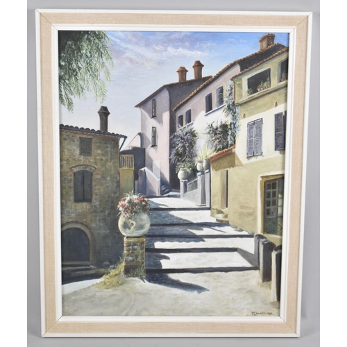130 - A Framed Oil on Board Depicting Continental Street, P Harris, 1985, 34cms by 34cms