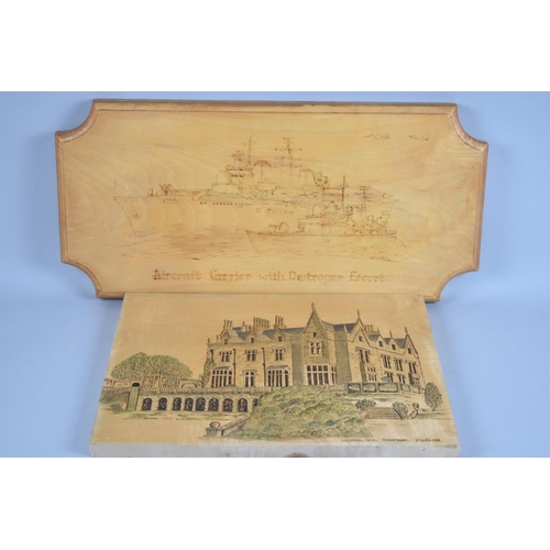 131 - Two Examples of Pyrography, Lilleshall Hall and Aircraft Carrier with Destroyer Escort. The Latter 6... 