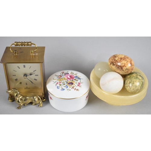 152 - A Collection of Sundries to include Onyx Eggs and Circular Bowl, Junghans Modern Carriage Clock with... 