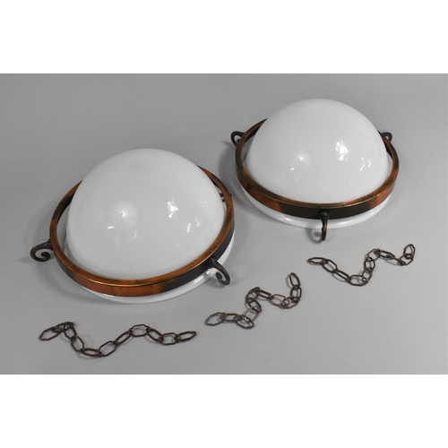 174 - Two Ceiling Hanging Milk Glass Light Shades, Each 25cms Diameter