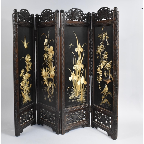 178 - An Oriental Four Fold Silk Embroidered Screen in Carved and Pierced Wooden Frame, Some Panels AF, 92... 