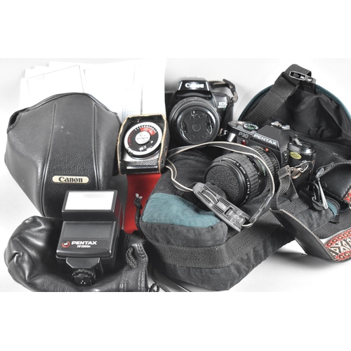 186 - A Pentax P30 Camera with Tacumar Zoom Lens, Canon EOS 1000F Camera, Light Meter, Pentax Flash Unit E... 