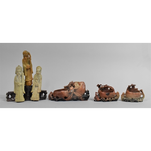 208 - A Collection of Chinese Carved Soapstone to Comprise Chinese Gods, Brush Pots etc Together with a Ja... 