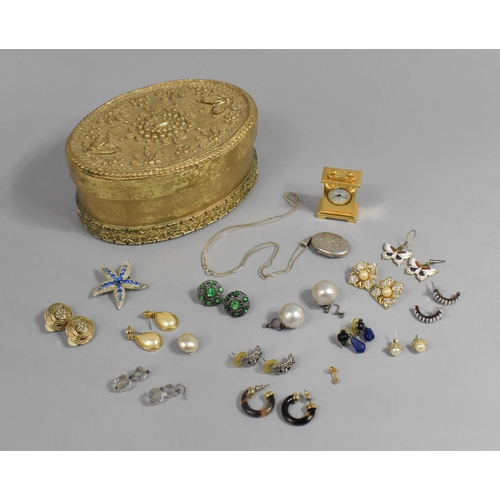 220 - An Oval Gilt Box Containing Various Costume Jewellery to Comprise Silver Locket on Chain, Faux Torto... 