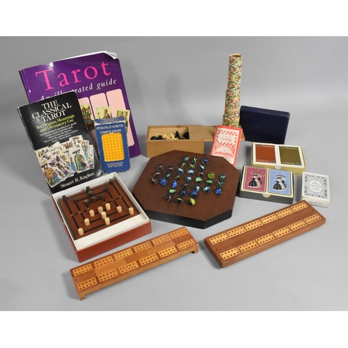 224 - A Collection of Vintage and Later Games to Include Solitare Board, Tarot Cards, Playing Cards etc