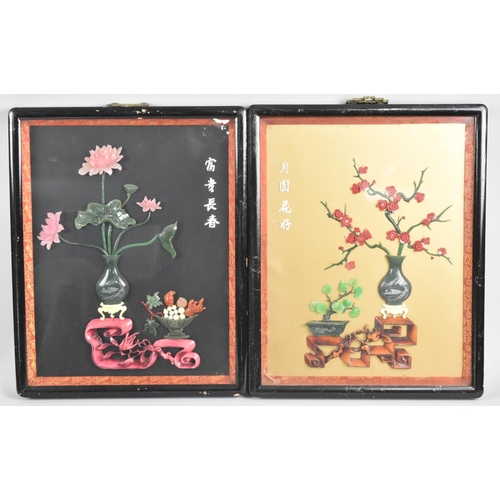 254 - A Pair of Chinese Polished Stone Pictures, Vases of Flowers, Each 26x33cms