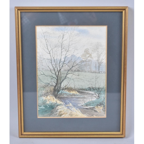 258 - A Small Gilt Framed Watercolour, Stream in Winter, 20x15cms