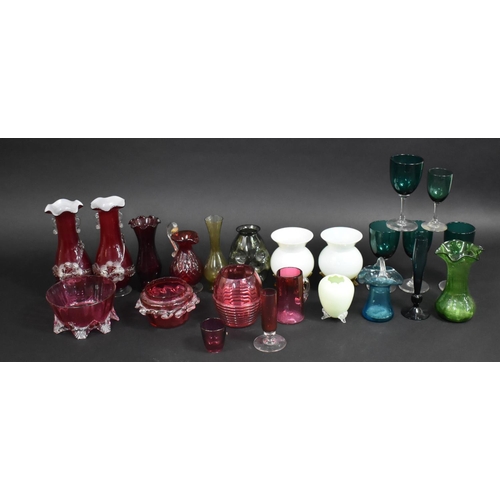 315 - A Collection of Various 19th Century and Later Coloured Glass to Comprise Cranberry Glass Vases, Jug... 