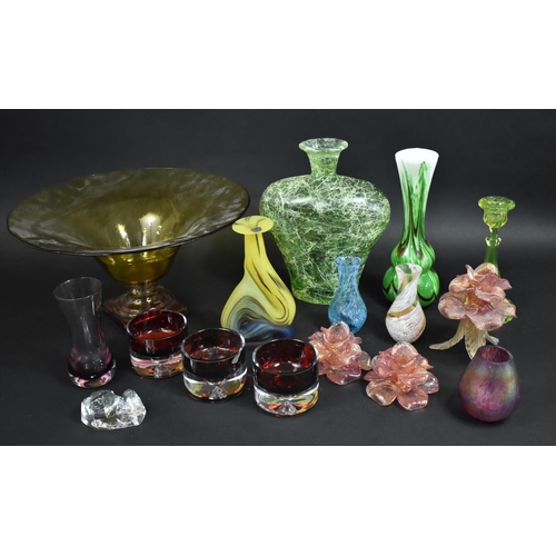 322 - A Collection of Various Coloured Glass to Comprise Large Amber Glass Pedestal Bowl, Vases, Mtarfa St... 