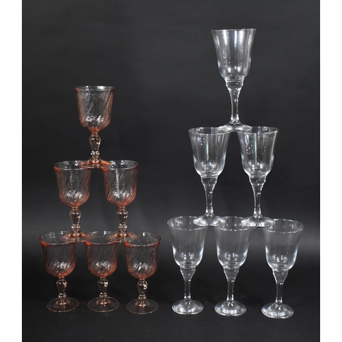 325 - A Set of Six Pink Glass Wines and a Set of Six Plain Wines with Bucket Bowls