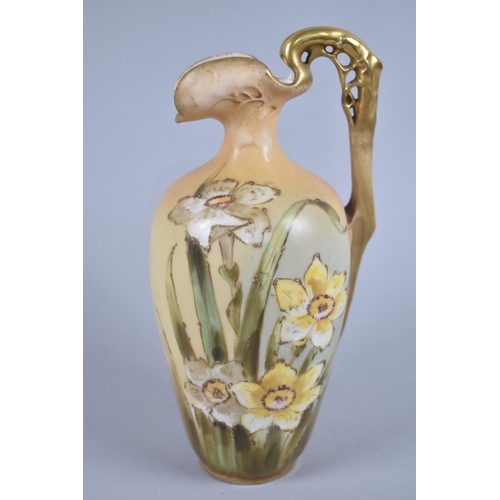 329 - A Blush Ivory Ewer in the Aesthetic Style with Flower Decoration and Gilt Trim, 19cm high