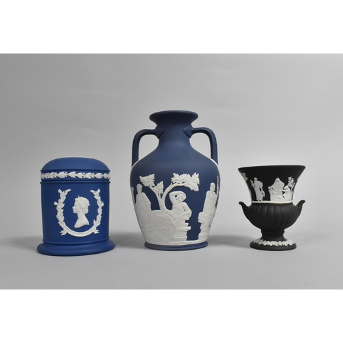 333 - Three Pieces of Wedgwood Jasperware to Comprise Twin Handled Vase, Smaller Example of Urn Form and a... 