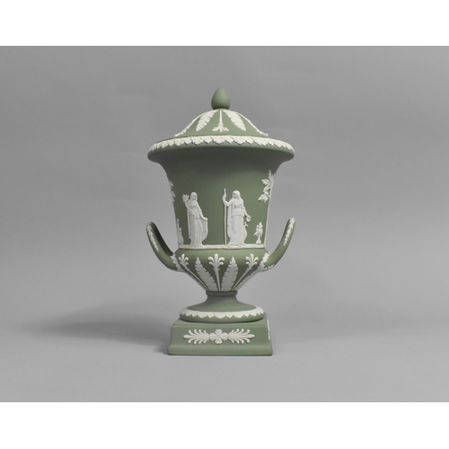 335 - A 20th Century Wedgwood Green and White Jasperware Lidded Urn, 30cm high