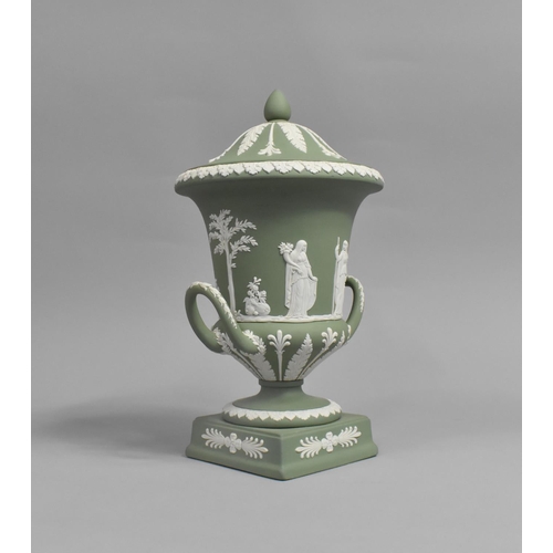 335 - A 20th Century Wedgwood Green and White Jasperware Lidded Urn, 30cm high