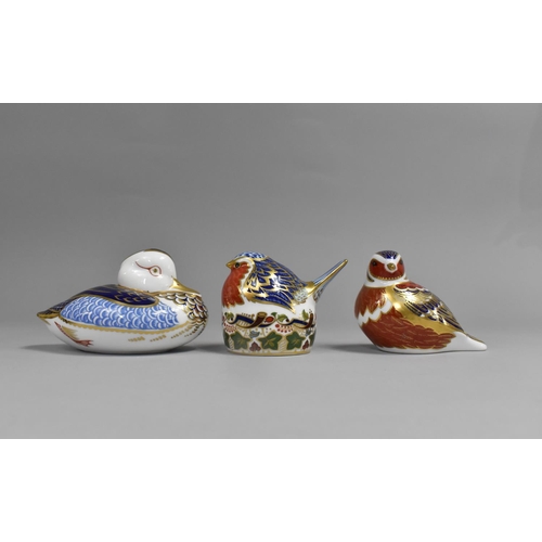 339 - Three Royal Crown Derby Imari Paperweights, Duck with Ceramic Button, Robin and Other with Silver Bu... 