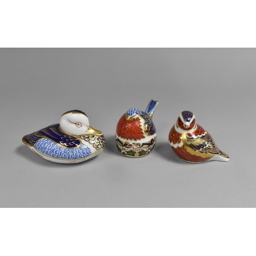 339 - Three Royal Crown Derby Imari Paperweights, Duck with Ceramic Button, Robin and Other with Silver Bu... 